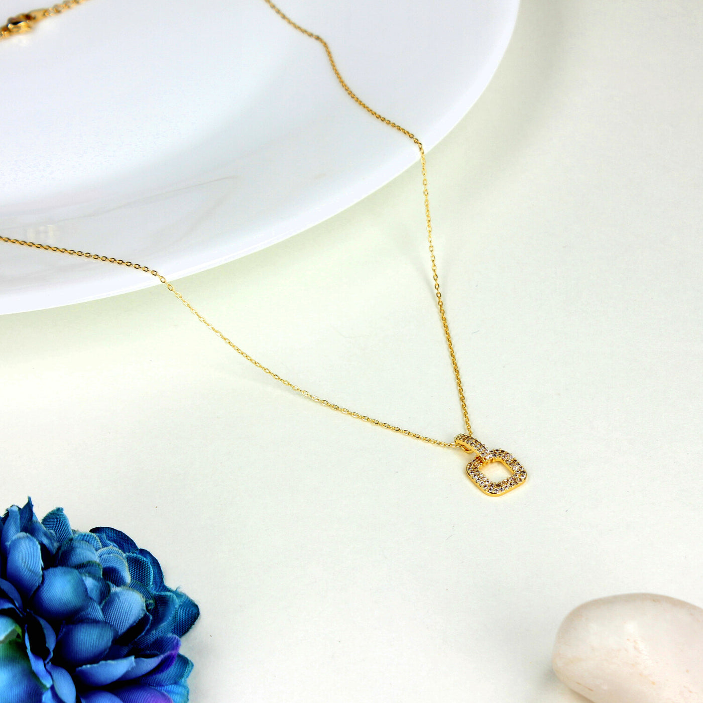 Minimalist Gold Necklace with Sparkling Square Pendant - SIA449819