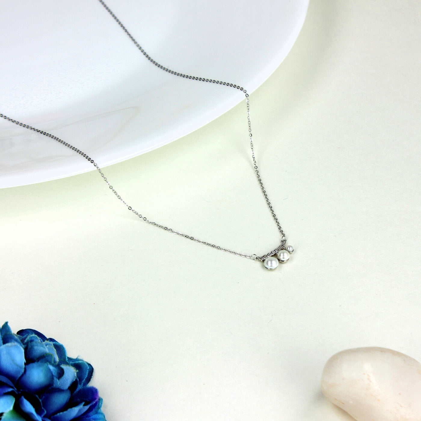 Elegant Silver Necklace with Triple Pearl Accents - SIA449809