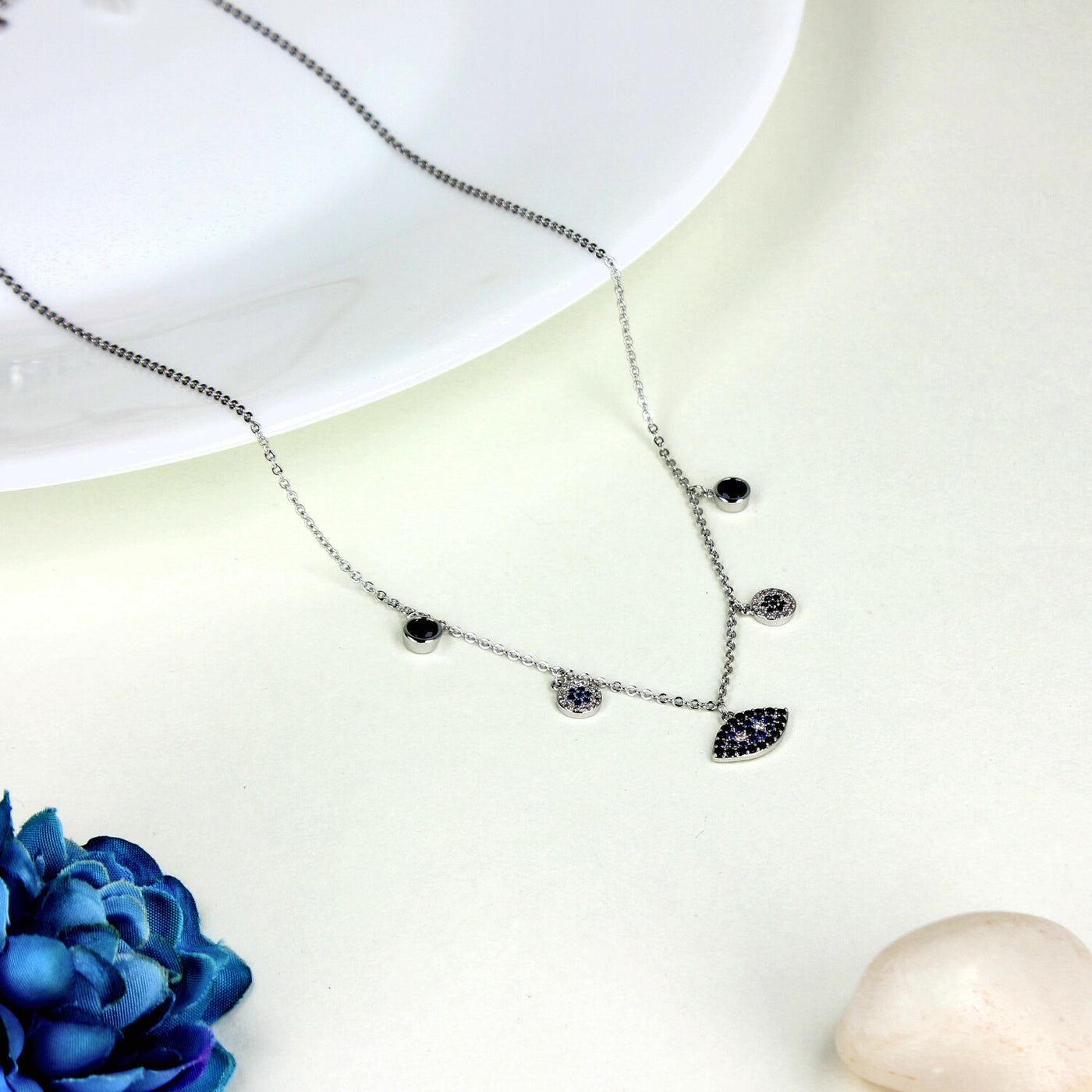 Silver Evil Eye Charm Necklace with Blue and Black Crystal Accents - SIA449911