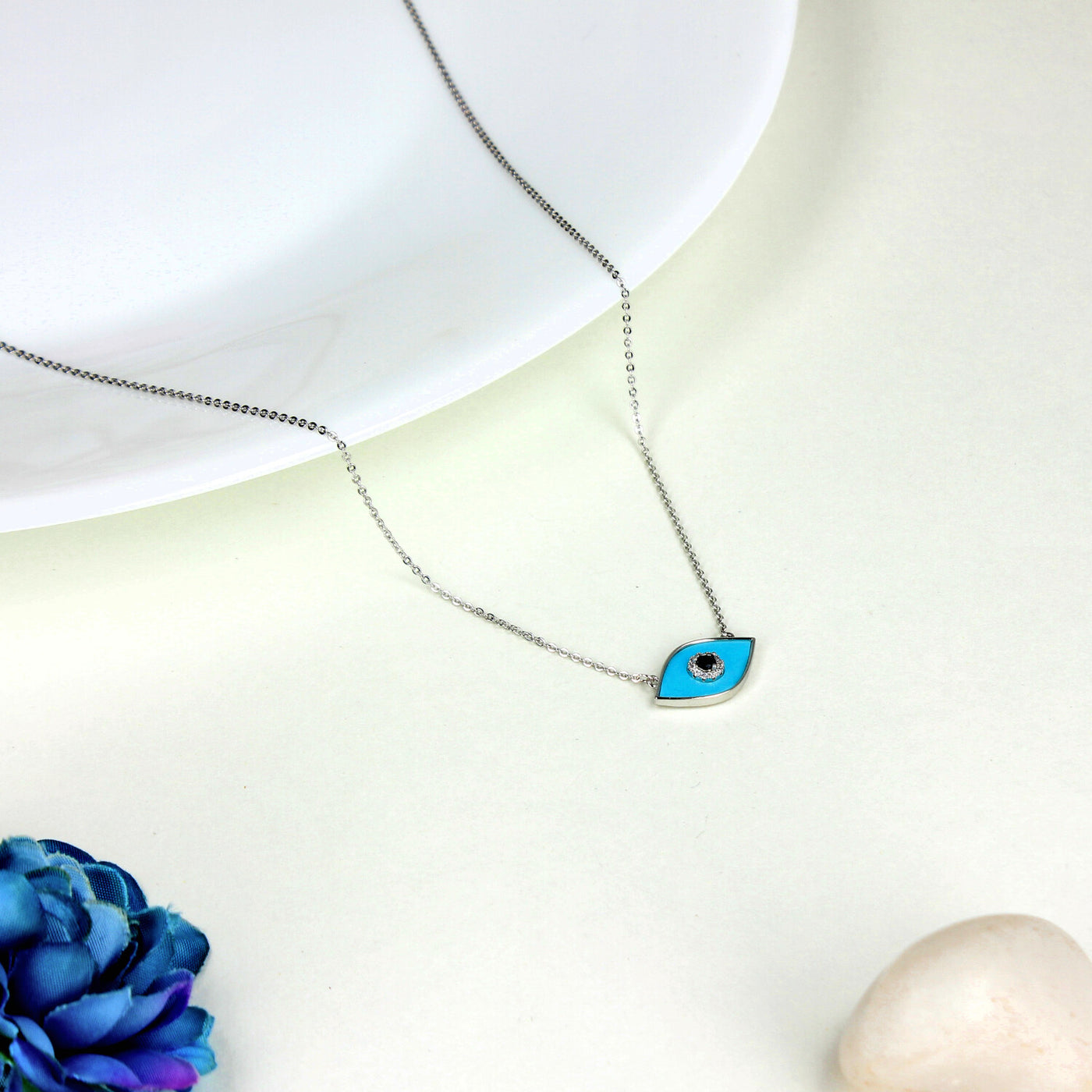 Silver Necklace with Turquoise Evil Eye Pendant - SIA449794