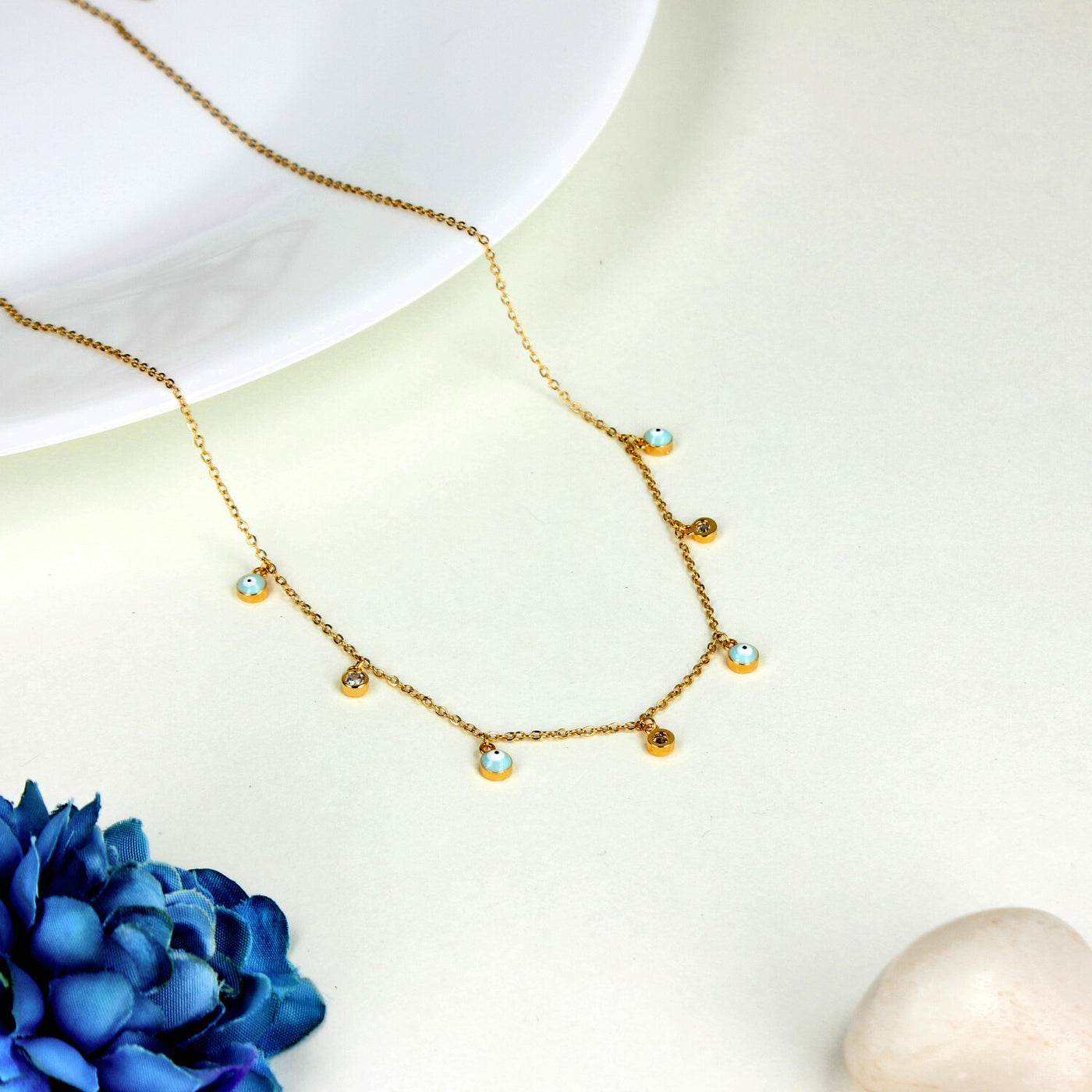 Dainty Gold Necklace with Evil Eye and Crystal Charms - SIA449821