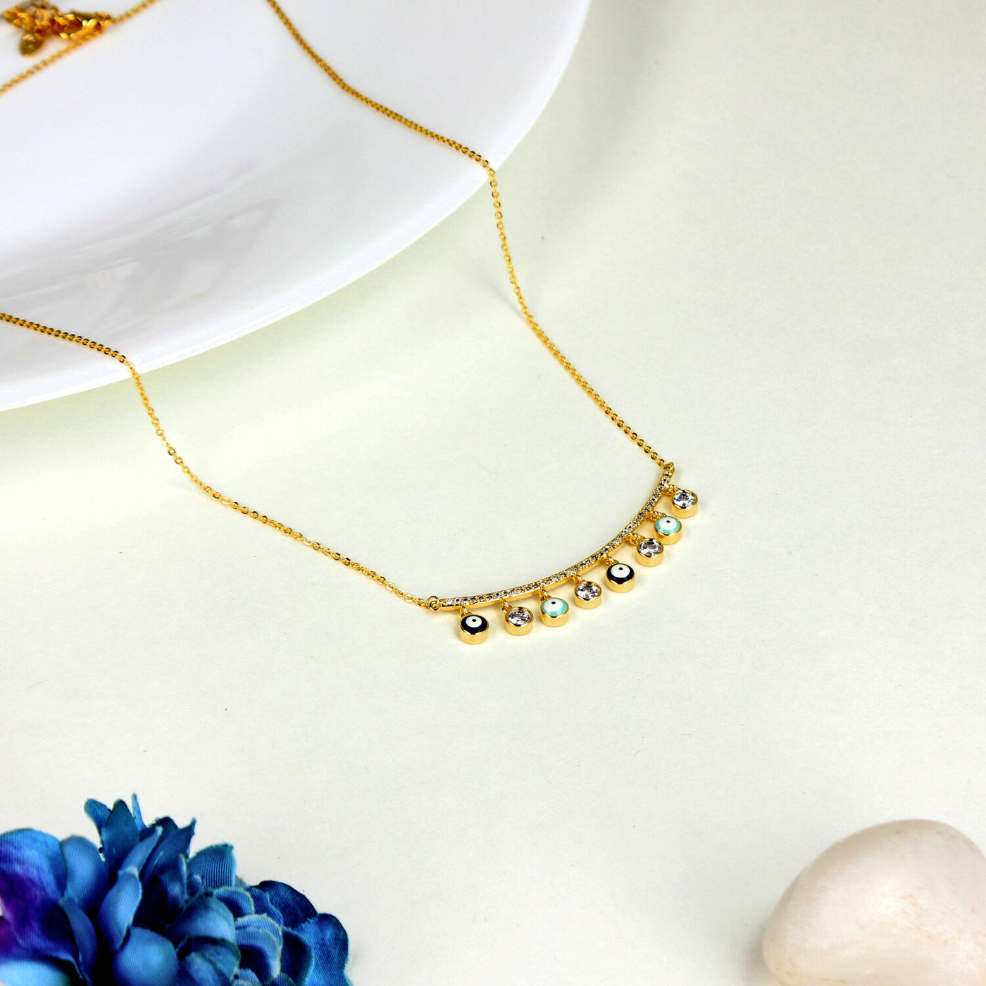 Gold Bar Necklace with Evil Eye Drops - SIA449909
