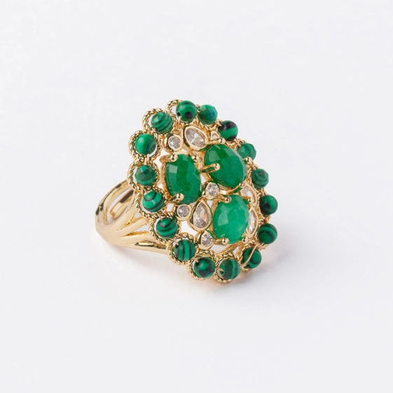 Exquisite Green Malachite Ring with Cubic Zirconia in Elegant Pave Setting. - TMV_RG1