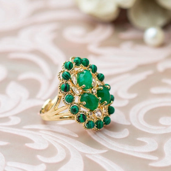 Exquisite Green Malachite Ring with Cubic Zirconia in Elegant Pave Setting. - TMV_RG1