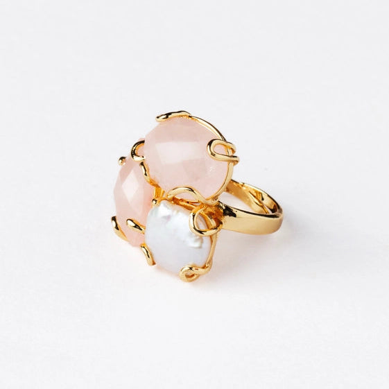 Two rose quartz stones accented ring, with a freshwater pearl, all in a gold border. - TMV_RG20