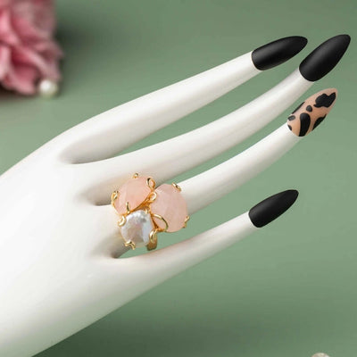 Two rose quartz stones accented ring, with a freshwater pearl, all in a gold border. - TMV_RG20