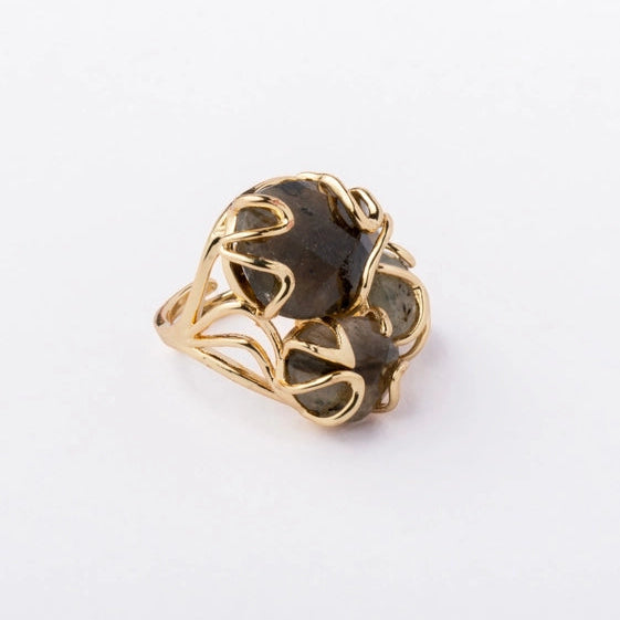 Three natural stones ring, elegantly encased in a gold border. - TMV_RG13