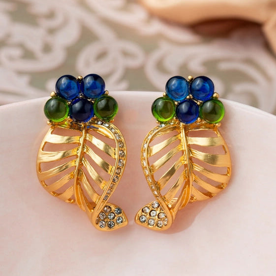 Blue & Green Ball Earrings with Gold Leaf and CZ. - TMV_ER7