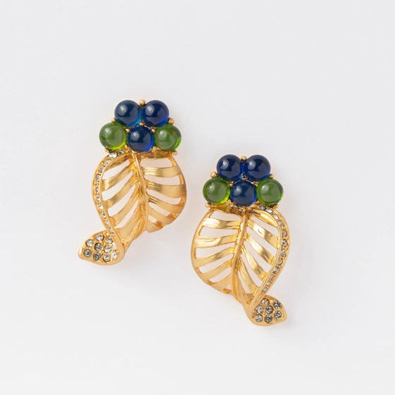 Blue & Green Ball Earrings with Gold Leaf and CZ. - TMV_ER7