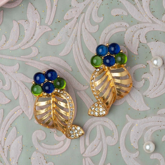 Blue & Green Ball Earrings with Gold Leaf and CZ. - TMV_ER7