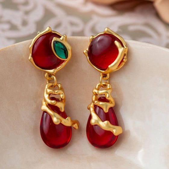 Red Round Earrings with Red and Gold Lines. - TMV_ER11