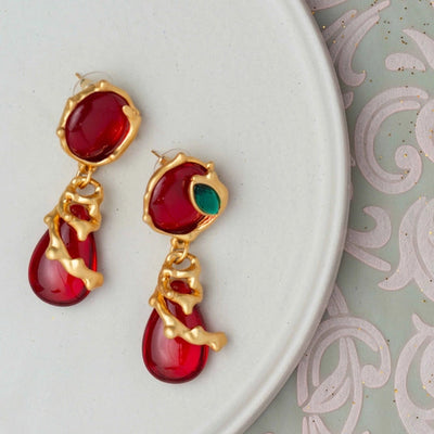 Red Round Earrings with Red and Gold Lines. - TMV_ER11