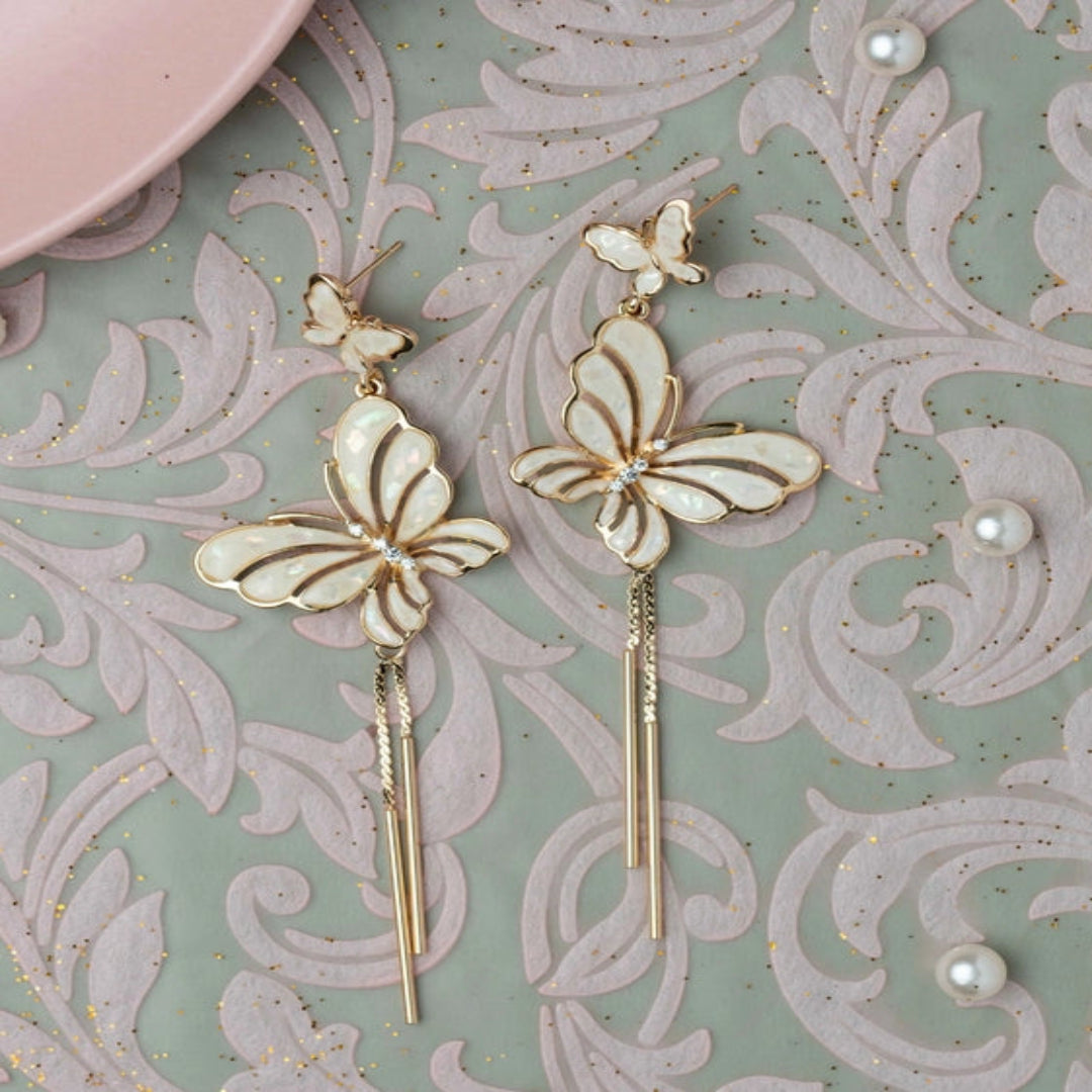 White Enamel Butterfly Earrings with CZ Accents. - TMV_ER17