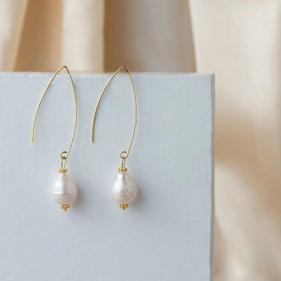 Thin Gold Wire Earrings with Delicate Pearl Drops. - TMV_ER21