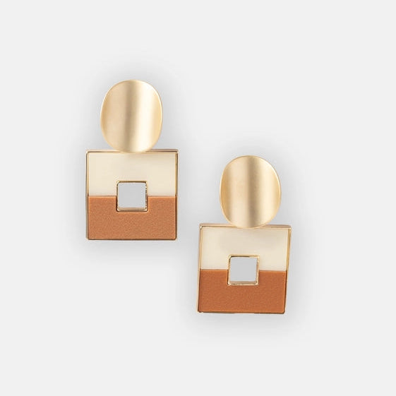Dull Gold Curved Earrings with Hanging Brown Square. - TMV_ER6