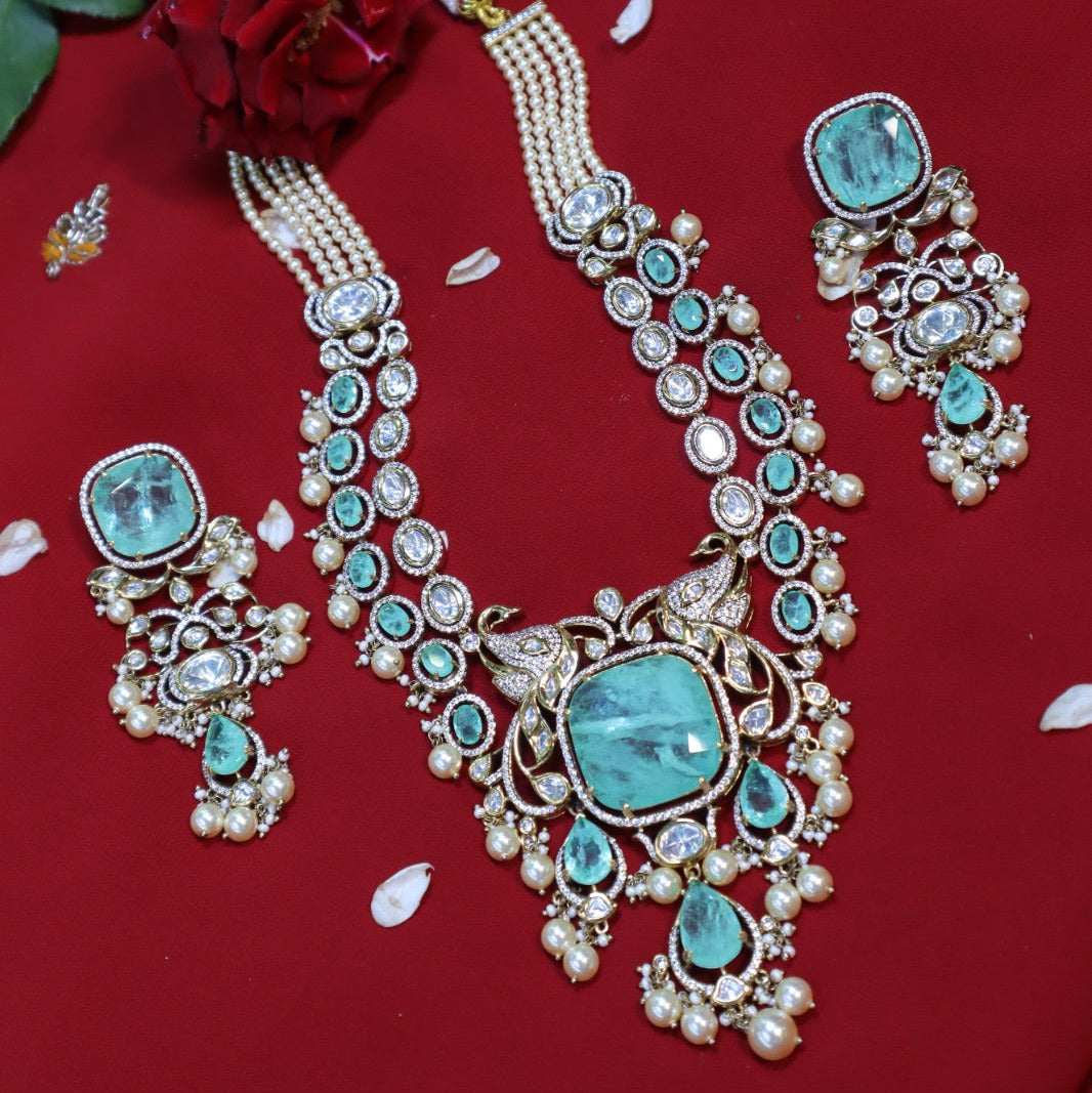 Emerald-Cut Kundan & Pearl Necklace Set with Green Stones - SIA452406
