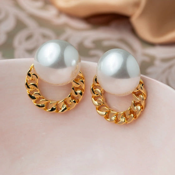 Round Pearl Earrings with Intricate Golden Lace Design. - TMV_ER8