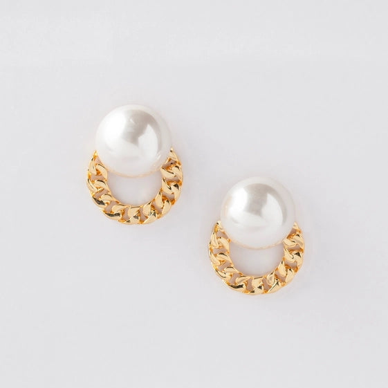 Round Pearl Earrings with Intricate Golden Lace Design. - TMV_ER8