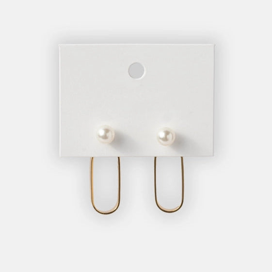 Oval Gold Ring Earrings with Hanging White Pearl. - TMV_ER19