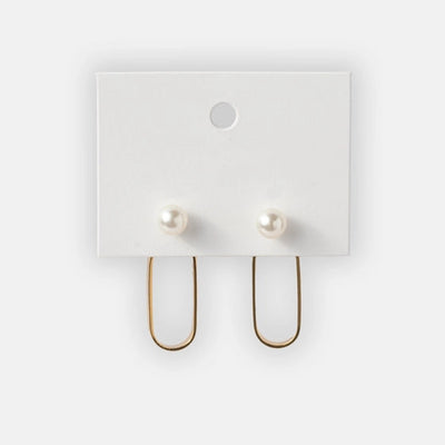Oval Gold Ring Earrings with Hanging White Pearl. - TMV_ER19