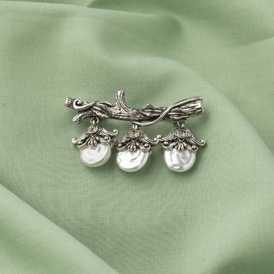 Oxidized Branch Style Brooch with White Freshwater Pearls - TMV_BR10