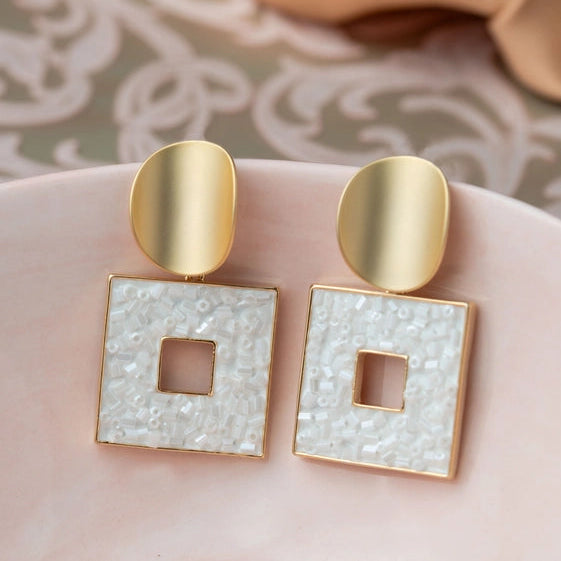 Dull Gold Curved Earrings with Hanging White Square. - TMV_ER5