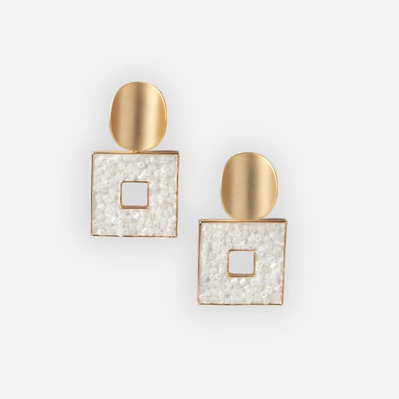 Dull Gold Curved Earrings with Hanging White Square. - TMV_ER5