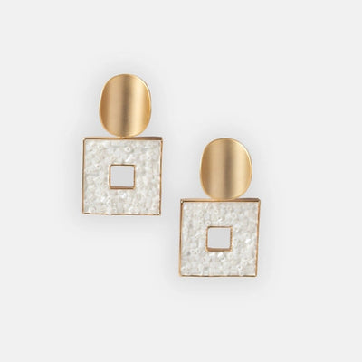 Dull Gold Curved Earrings with Hanging White Square. - TMV_ER5