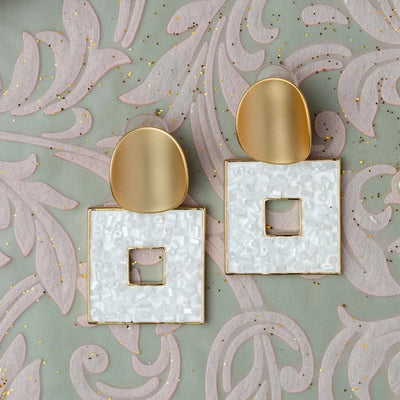 Dull Gold Curved Earrings with Hanging White Square. - TMV_ER5