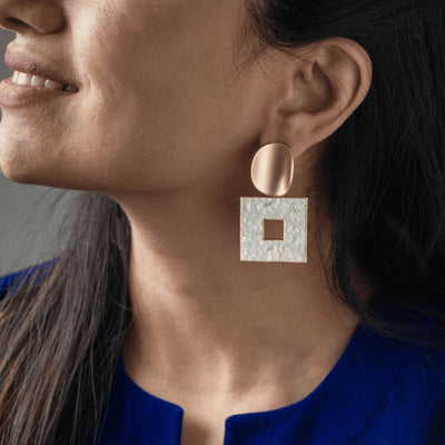 Dull Gold Curved Earrings with Hanging White Square. - TMV_ER5