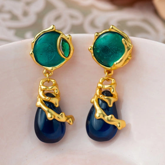 Green Round Earrings with Deep Blue and Gold Lines. - TMV_ER10