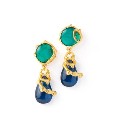 Green Round Earrings with Deep Blue and Gold Lines. - TMV_ER10