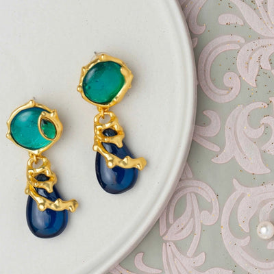 Green Round Earrings with Deep Blue and Gold Lines. - TMV_ER10