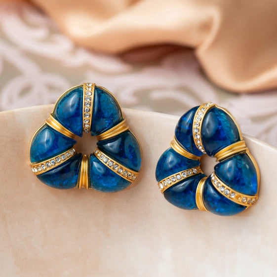 Navy Blue Triangular Donut Earrings with CZ Lines. - TMV_ER12