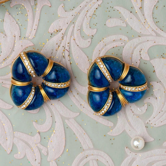Navy Blue Triangular Donut Earrings with CZ Lines. - TMV_ER12