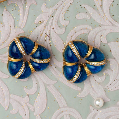 Navy Blue Triangular Donut Earrings with CZ Lines. - TMV_ER12