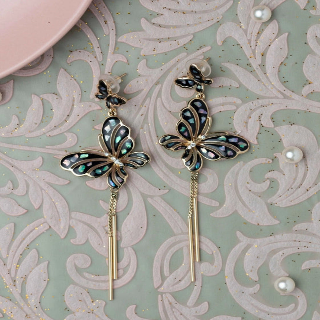 Black Enamel Butterfly Earrings with CZ Accents. - TMV_ER16