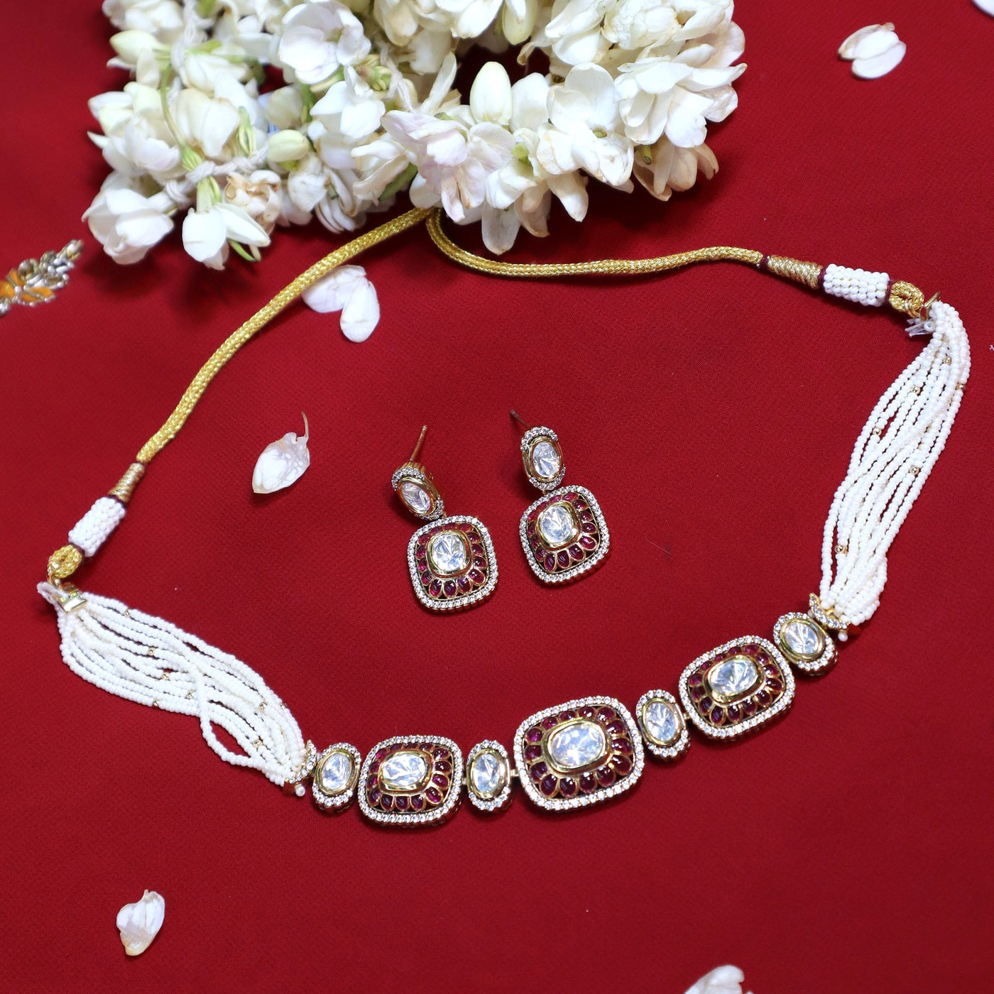 Ruby Red Polki Kundan Choker with Square Motif & White Pearl Earrings - SIA452424