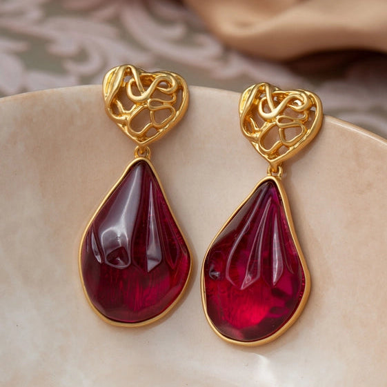 Elegant Gold Heart Earrings with Red Droplet and Golden Border. - TMV_ER1