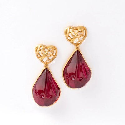 Elegant Gold Heart Earrings with Red Droplet and Golden Border. - TMV_ER1