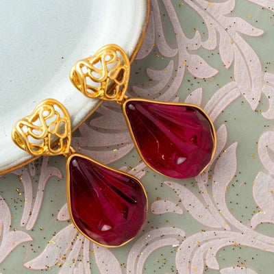 Elegant Gold Heart Earrings with Red Droplet and Golden Border. - TMV_ER1