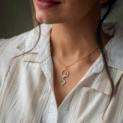 Purple, White & Green Enamel Pendant with Thin Delicate Chains: Colorful Elegance - TMV_PD4