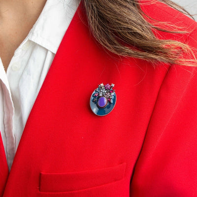 Charming Blue Enamel Hat Brooch with Floral Detailing - TMV_BR13