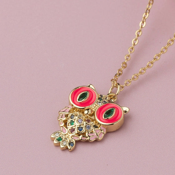 Chic Pink Owl Pendant Enhanced with Thin Delicate Chains - TMV_PD7