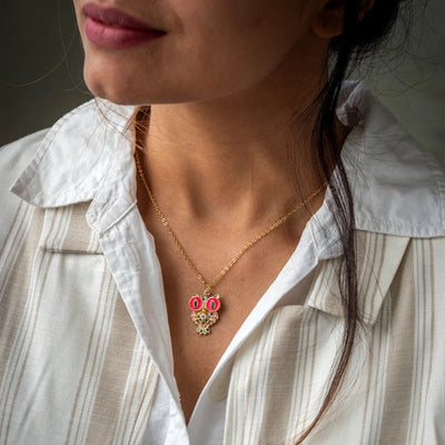 Chic Pink Owl Pendant Enhanced with Thin Delicate Chains - TMV_PD7