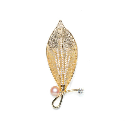 Golden Filigree Leaf with Pearl Accent Brooch - TMV_BR22