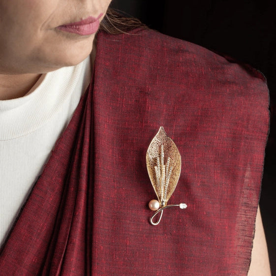 Golden Filigree Leaf with Pearl Accent Brooch - TMV_BR22