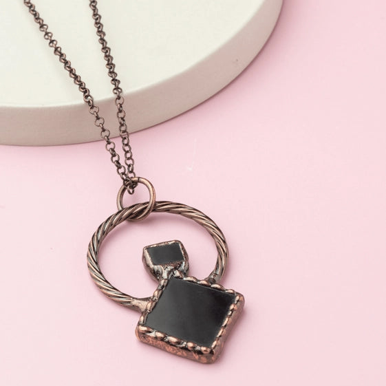 Sleek Copper Finish Chain with Copper Finished Pendant and Black Stone - TMV_PD15