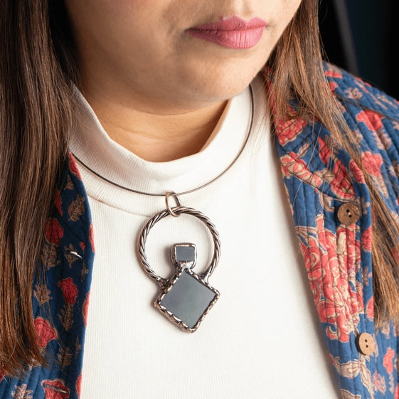 Sleek Copper Finish Chain with Copper Finished Pendant and Black Stone - TMV_PD15