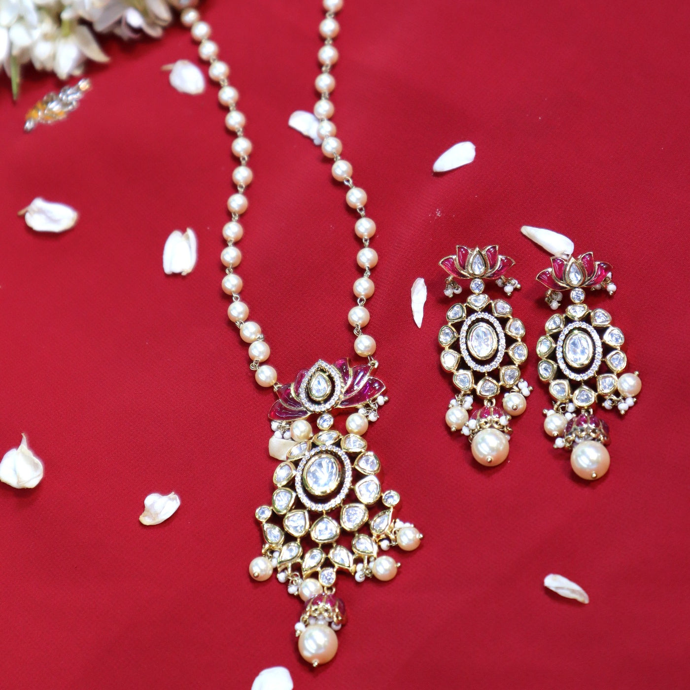 Gold-Toned Kundan Pink Meenakari Lotus Pearl Drop Necklace Set - SIA452428